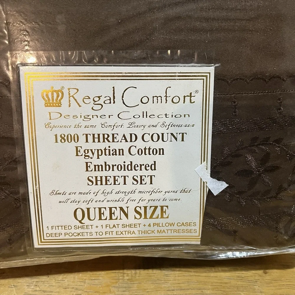Vtg Regal Comfort 1800 TC Egyptian‎ Brown Queen Sheet Set Embroidered